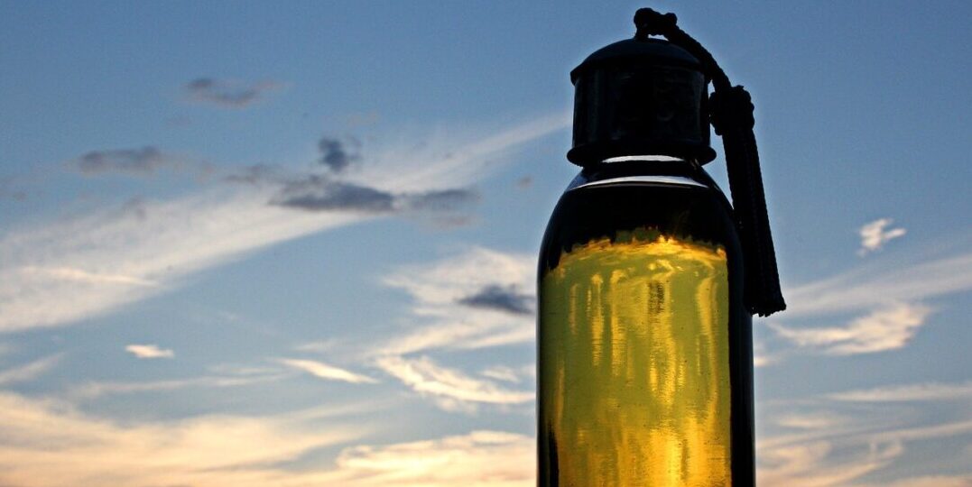 bottle of argan oil in a blue skin